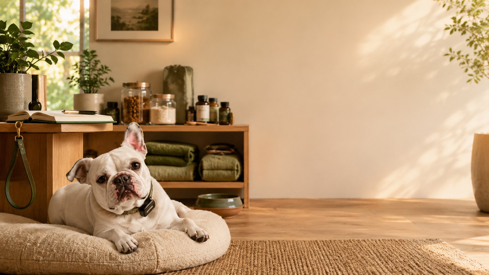 Luna, a calm white French bulldog, resting on a cushion in a warm, sunlit living room surrounded by a dog health setup — food and supplement jars, folded blankets, a leash, an activity-tracker collar, and a water bowl