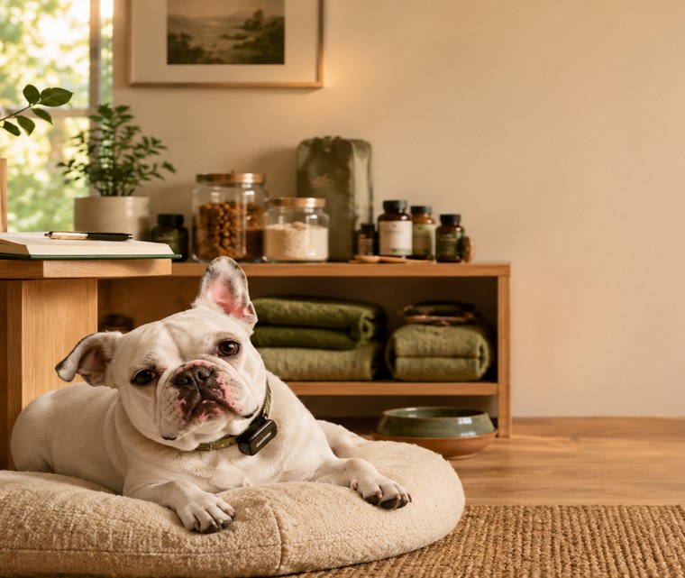 Luna, a white French bulldog wearing an activity-tracker collar, resting calmly on her cushion at home surrounded by her dog-health setup